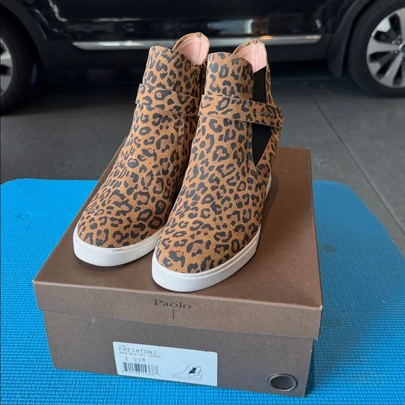 Paolo Leopard Print Wedge Sneaker Boot - Tan and Black size 8 1/2 - Picture 2 of 6